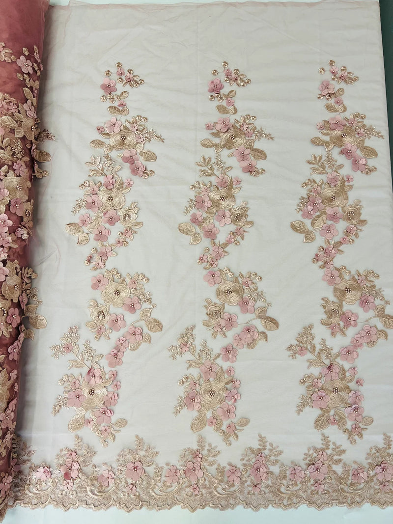 3D Rose Plant Fabric - Dusty Rose - Embroidered Flower Design Rose Fabric Sold by Yard