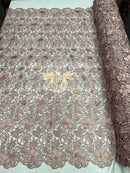 Guipure Lace Fabric - Dusty Rose - Floral Bridal Guipure Lace with Pearls Sold by the Yard