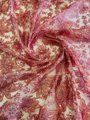Holographic Floral Lace - Dusty Rose - Flower Sequins Lace Design w/ Metallic Thread by Yard