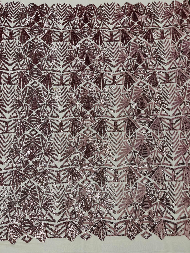 Geometric Design Fabric - Sequins Design Embroidered on a  4 Way Stretch Lace Mesh (Pick A Color)