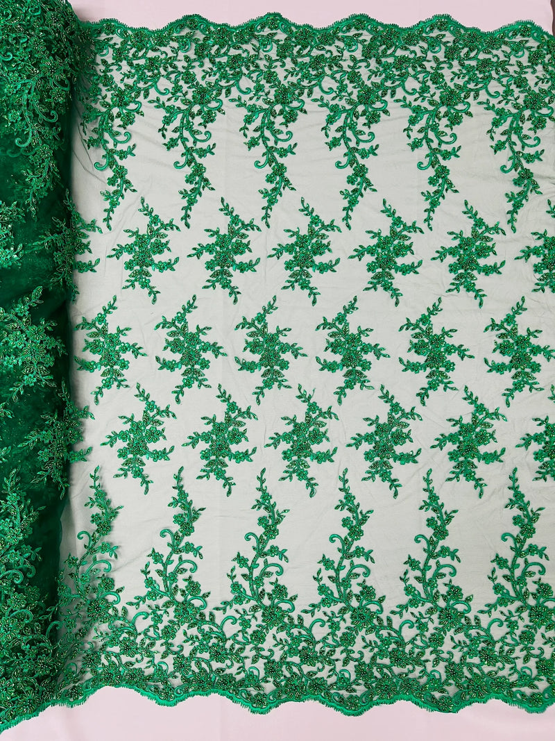 Beaded Fancy Floral Cluster - Emerald Green - Embroidered Glamorous Floral Design by Yard