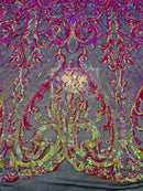 Heart Shape Sequins Fabric - Fuchsia / Orange Iridescent - 4 Way Stretch Sequins Damask Fabric By Yard