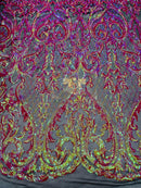 Heart Shape Sequins Fabric - Fuchsia / Orange Iridescent - 4 Way Stretch Sequins Damask Fabric By Yard