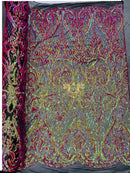 Heart Shape Sequins Fabric - Fuchsia / Orange Iridescent - 4 Way Stretch Sequins Damask Fabric By Yard
