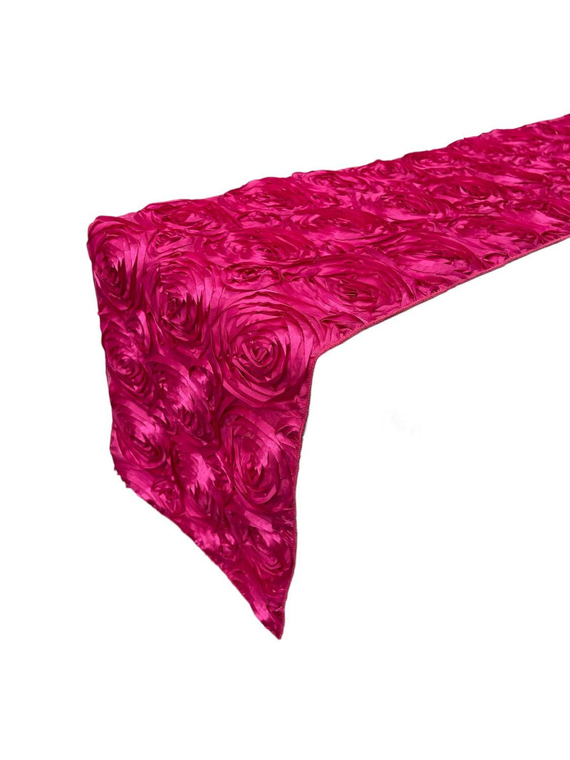 Rosette Design Table Runner - Fuchsia - 12" x 90" Satin Rosette Table Runner