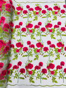 Rose Plant Lace Fabric  - Fuschia on White - Embroidered Full Flower Plant Design on Lace By Yard