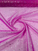 Foil Star Sheer Organza - Silver On Fuchsia - 60" Sheer Silver Star Organza Fabric Sold By Yard