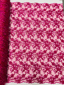 Small Flower Plant Fabric - Fuchsia - Floral Embroidered Design on Lace Mesh By Yard