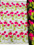 Rose Plant Lace Fabric  - Fuschia on Black - Emboidered Full Flower Plant Design on Lace By Yard
