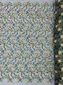 Metallic Floral Sequins Design - Metallic Gold Flowers With Leaves Embroidered Hunter Green Tulle Sold By Yard