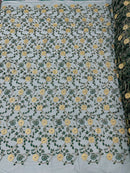 Metallic Floral Sequins Design - Metallic Gold Flowers With Leaves Embroidered Hunter Green Tulle Sold By Yard