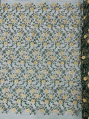 Metallic Floral Sequins Design - Metallic Gold Flowers With Leaves Embroidered Hunter Green Tulle Sold By Yard