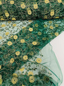 Metallic Floral Sequins Design - Metallic Gold Flowers With Leaves Embroidered Hunter Green Tulle Sold By Yard