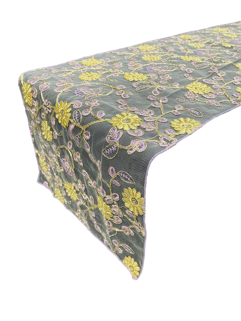 12" x 90" Metallic Floral Table Runner - Gold / Lilac - Floral Table Runners for Event Decoration
