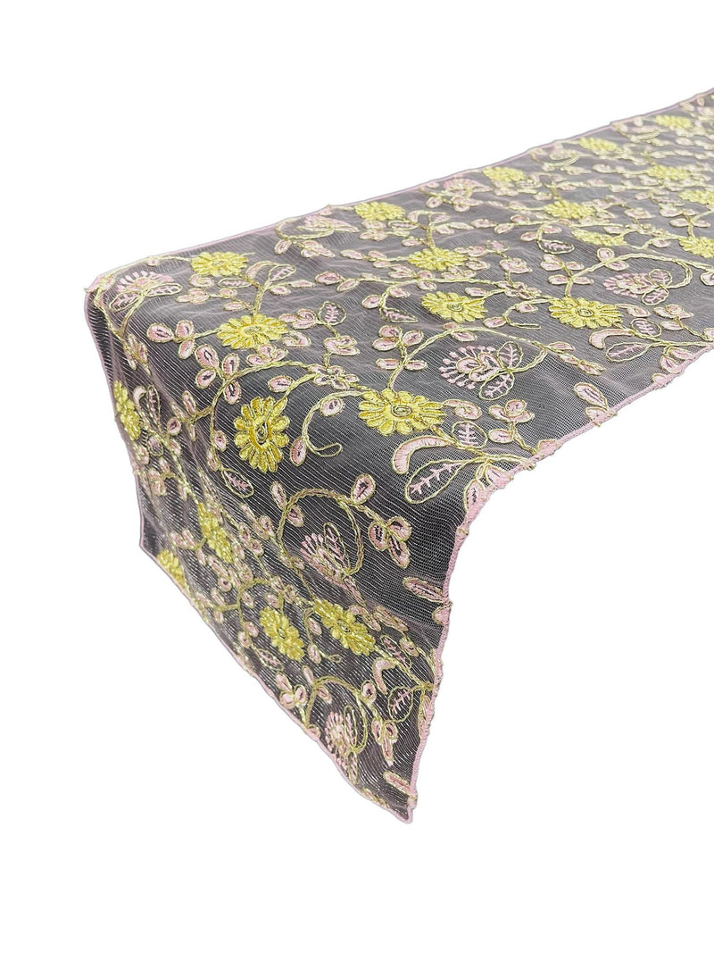 12" x 90" Metallic Floral Table Runner - Gold / Mauve Pink - Floral Table Runners for Event Decoration