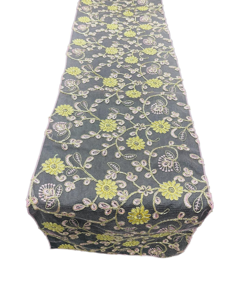 12" x 90" Metallic Floral Table Runner - Gold / Mauve Pink - Floral Table Runners for Event Decoration
