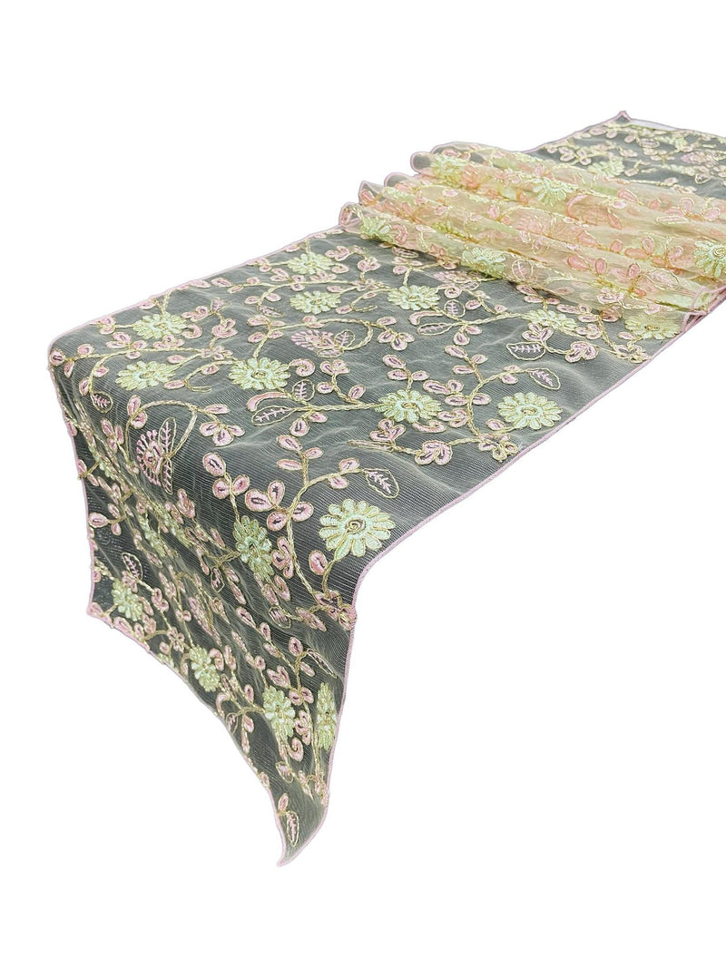 12" x 90" Metallic Floral Table Runner - Gold / Pink / Ivory - Floral Table Runners for Event Decoration