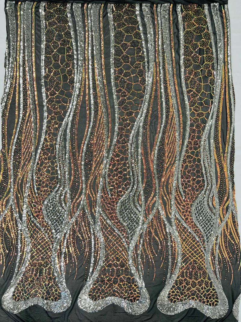 Two Tone Pattern Fabric - Gold/Silver - 4 Way Stretch Shiny Sequins Fabric Design on Mesh By Yard