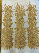 Vegas Peacock Feathers  3D Beaded Embroidery On a Mesh Lace Fabric Sequins Prom Dress (Choose The Panels)