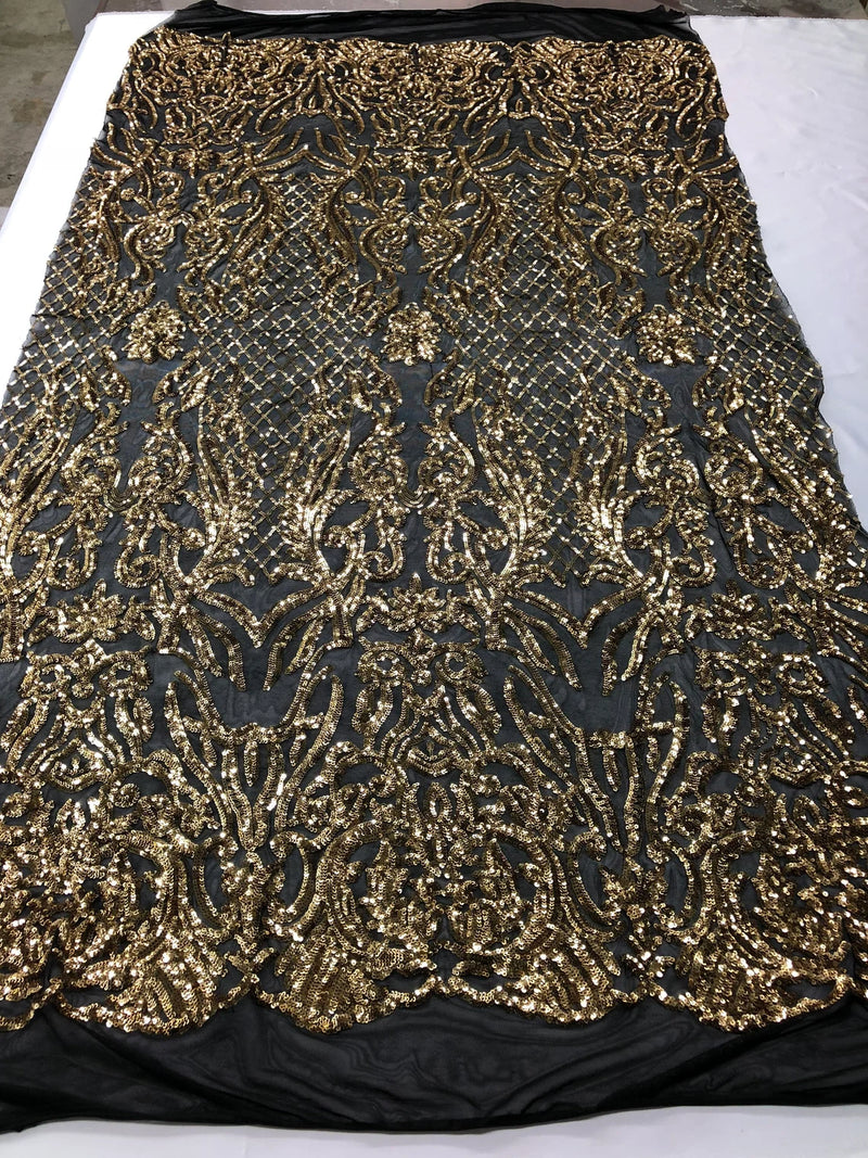 4 Way Stretch Fabric Design - Gold on Black - Fancy Net Sequins Design Fabric By Yard