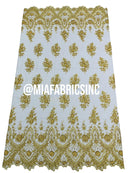 Floral Cluster Beaded Fabric - Gold - Embroidered Fancy Fashion Design Beads and Sequins Sold by yard