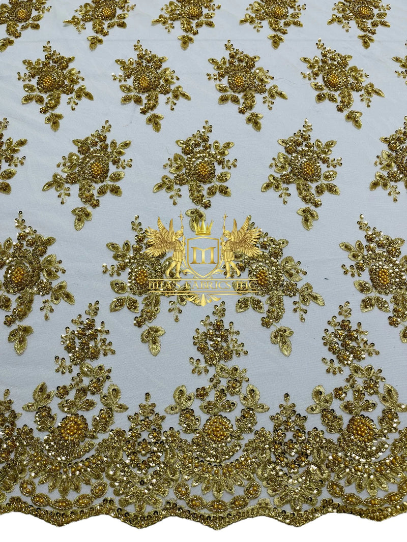 Beaded Flower Sequins Fabric - Gold - Embroidery With Beads and Sequin on a Mesh Sold By Yard