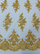 Fancy Border Cluster Fabric - Gold - Embroidered Beaded Flower Lace Design on Mesh Yard