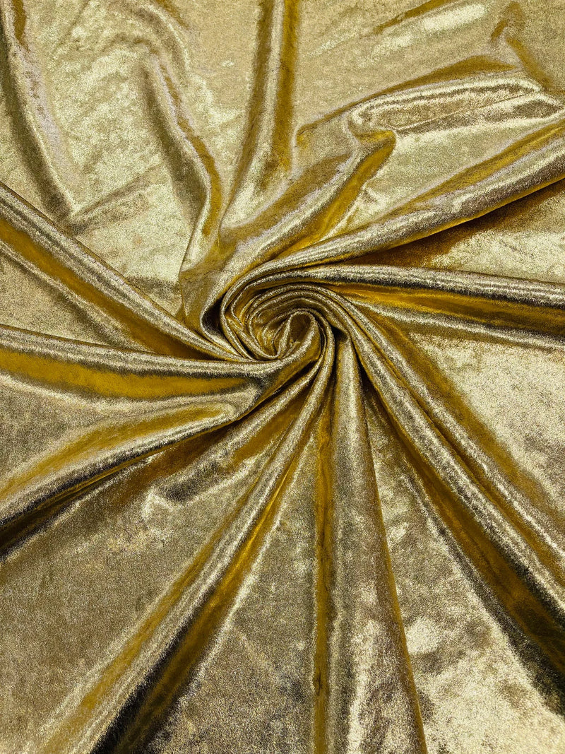 60'' Stretch Foil Velvet - Gold - 4 Way Stretch Shiny Velvet Foil Fabric Sold By The Yard