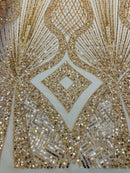 Zig Zag Lines Diamond Shape Fabric - Gold - Embroidered Glamorous Design on Mesh Sold By The Yard
