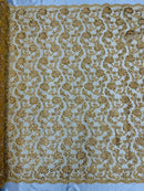 Floral Embroidered Lace - Gold - Floral Corded Lace With Sequins Sold By Yard
