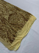 Long Wavy Line Design Sequins -  Gold - 4 Way Stretch Sequin Design on Mesh Fabric By Yard