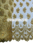 Floral Cluster Beaded Fabric - Gold - Embroidered Fancy Fashion Design Beads and Sequins Sold by yard