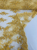 Fancy Border Cluster Fabric - Gold - Embroidered Beaded Flower Lace Design on Mesh Yard