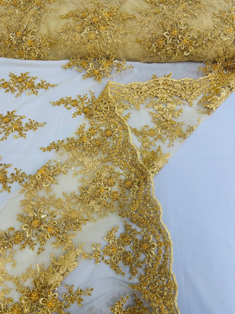 Fancy Border Cluster Fabric - Gold - Embroidered Beaded Flower Lace Design on Mesh Yard