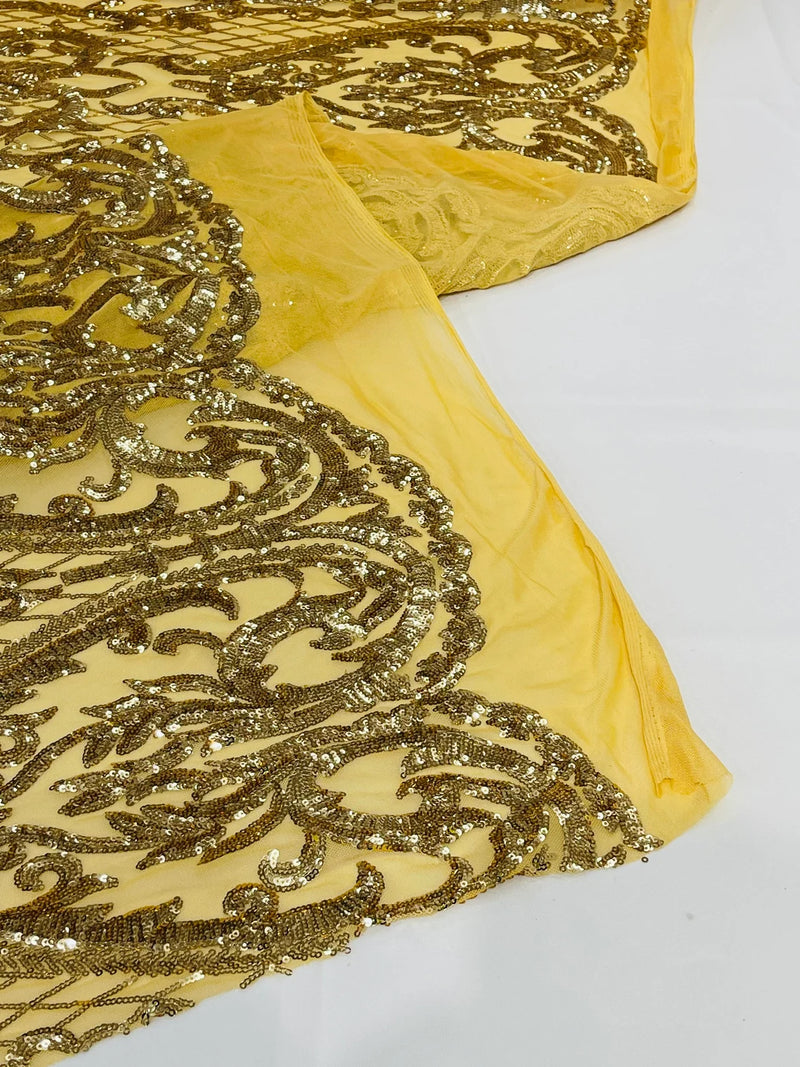 Heart Shape Sequins Fabric - Gold - 4 Way Stretch Sequins Damask Fabric By Yard