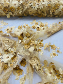 3D Rose Plant Fabric - Gold - Embroidered Flower Design Rose Fabric Sold by Yard