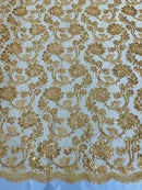 Floral Embroidered Lace - Gold - Floral Corded Lace With Sequins Sold By Yard