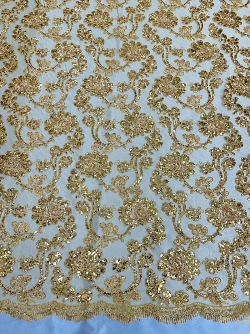 Floral Embroidered Lace - Gold - Floral Corded Lace With Sequins Sold By Yard