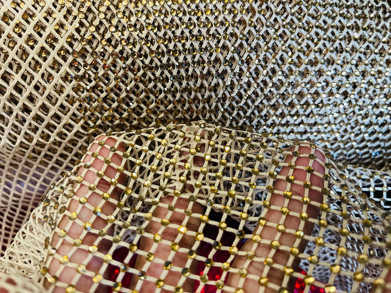 Rhinestone Fish Net Fabric - Gold - Solid Spandex Fish Net Style Fabric with Rhinestones by Yard