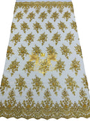 Beaded Flower Sequins Fabric - Gold - Embroidery With Beads and Sequin on a Mesh Sold By Yard