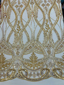 Fancy Beaded Design Fabric - Gold - Wavy Pattern and Embroidered Beads Fabric Sold By Yard