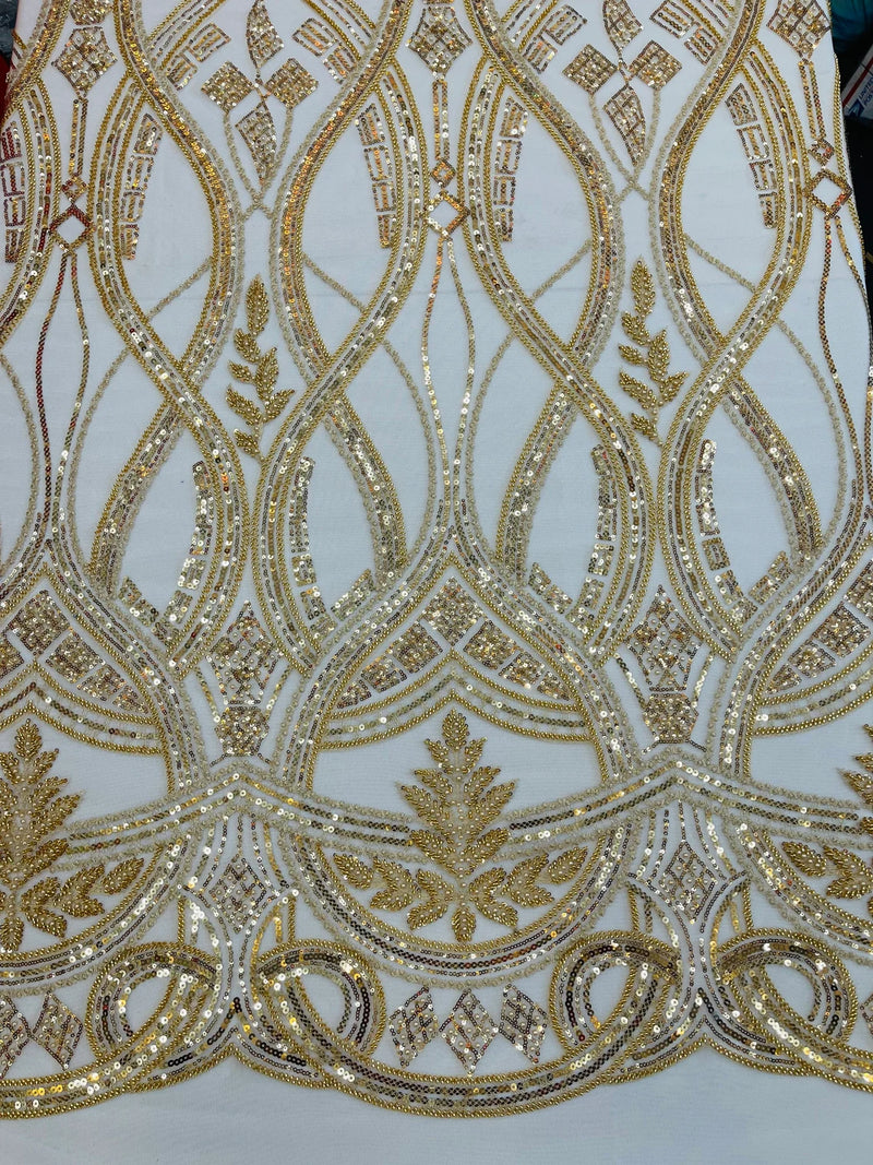 Fancy Beaded Design Fabric - Gold - Wavy Pattern and Embroidered Beads Fabric Sold By Yard
