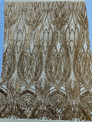 Long Wavy Line Design Sequins -  Gold - 4 Way Stretch Sequin Design on Mesh Fabric By Yard