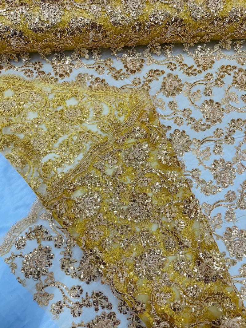 Floral Embroidered Lace - Gold - Floral Corded Lace With Sequins Sold By Yard