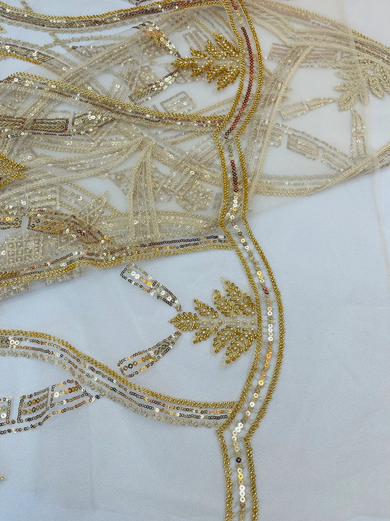 Fancy Beaded Design Fabric - Gold - Wavy Pattern and Embroidered Beads Fabric Sold By Yard