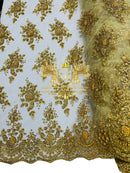 Beaded Flower Sequins Fabric - Gold - Embroidery With Beads and Sequin on a Mesh Sold By Yard