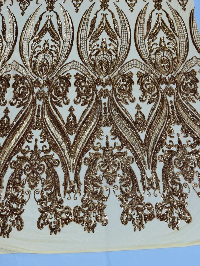 Big Damask Sequins - Gold - Damask Sequin Design on 4 Way Stretch Fabric By Yard