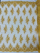 Fancy Border Cluster Fabric - Gold - Embroidered Beaded Flower Lace Design on Mesh Yard