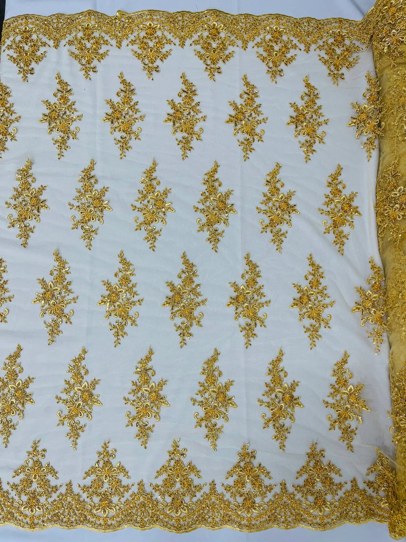 Lace Fabric - Yellow - Floral Mesh Fancy Lace Design Fabric By The