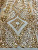 Zig Zag Lines Diamond Shape Fabric - Gold - Embroidered Glamorous Design on Mesh Sold By The Yard